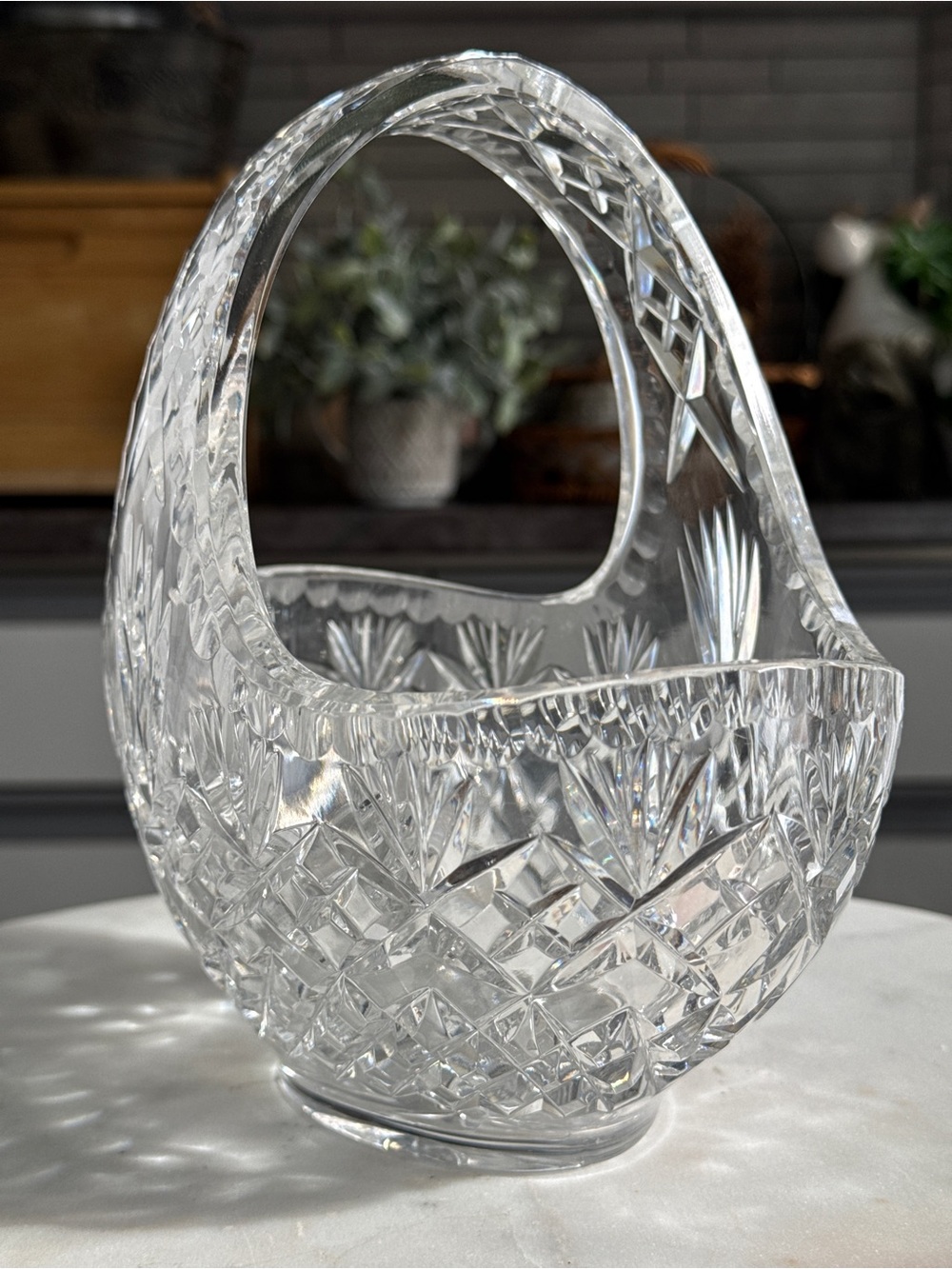 Vintage Cut Crystal Basket Bowl Starburst Diamond Pattern